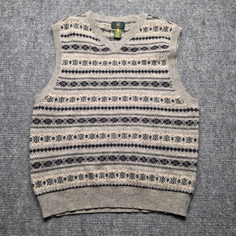 Vintage Club Room Wool Sweater Vest Mens Medium Grey Fair Isle Lambswool Hong Ko